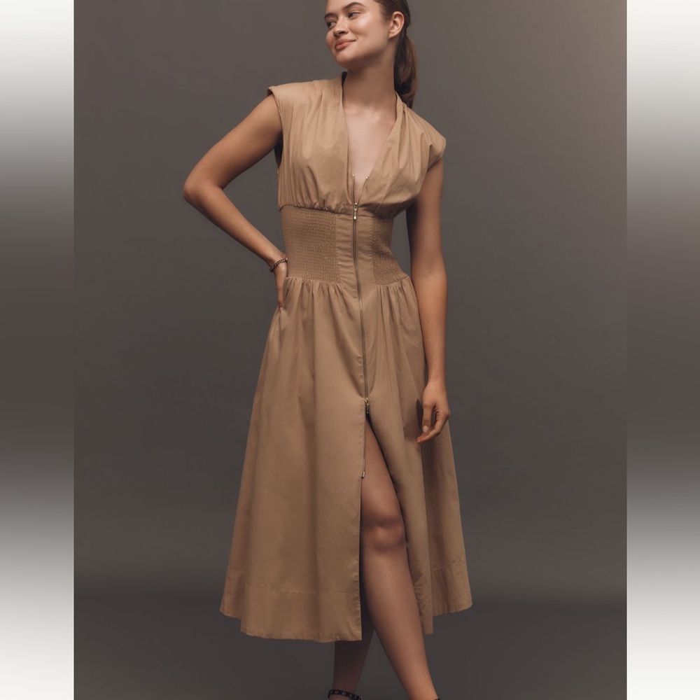 🆕Anthropologie Maeve Tommie Zip FRONT MIDI DRESS CAP SLEEVE NEW SZ XS NEUTRAL